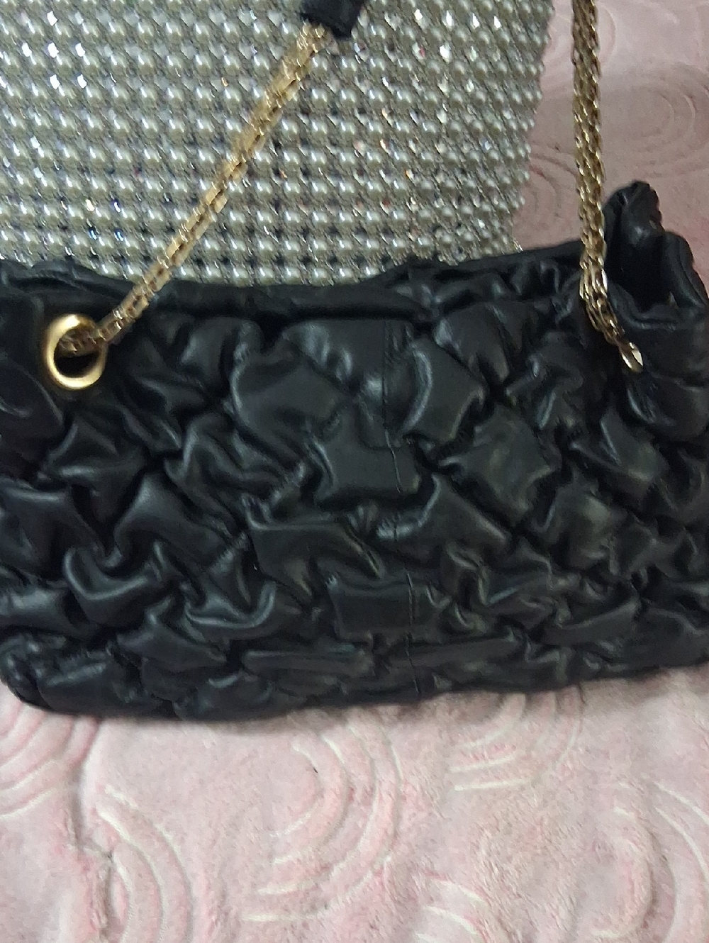 Chic Black Ruched LEATHER Shoulder Bag with Gold Chain Strap